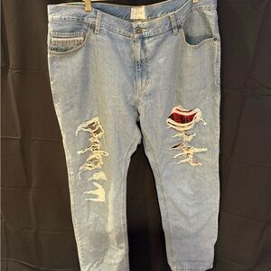 Pre loved Blue distressed pants with red stitching Size 40 length 32